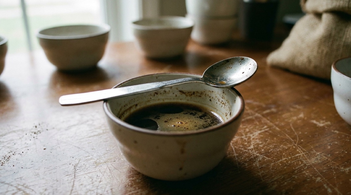 Cupping bowls, spoons and scoring sheets laid out for a side-by-side coffee tasting