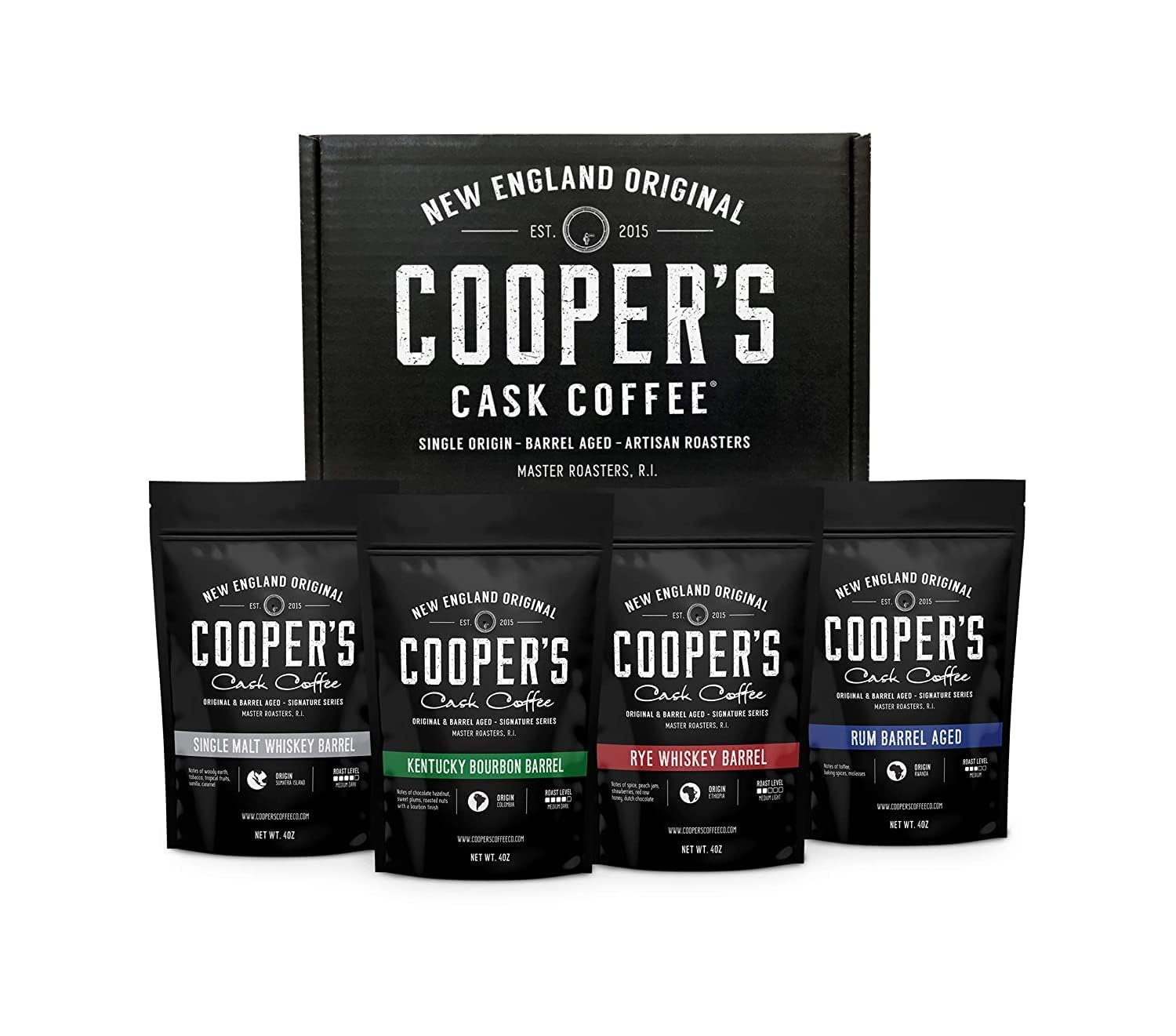 Bourbon & Whiskey Barrel Aged Coffee Box Set with Four Whole