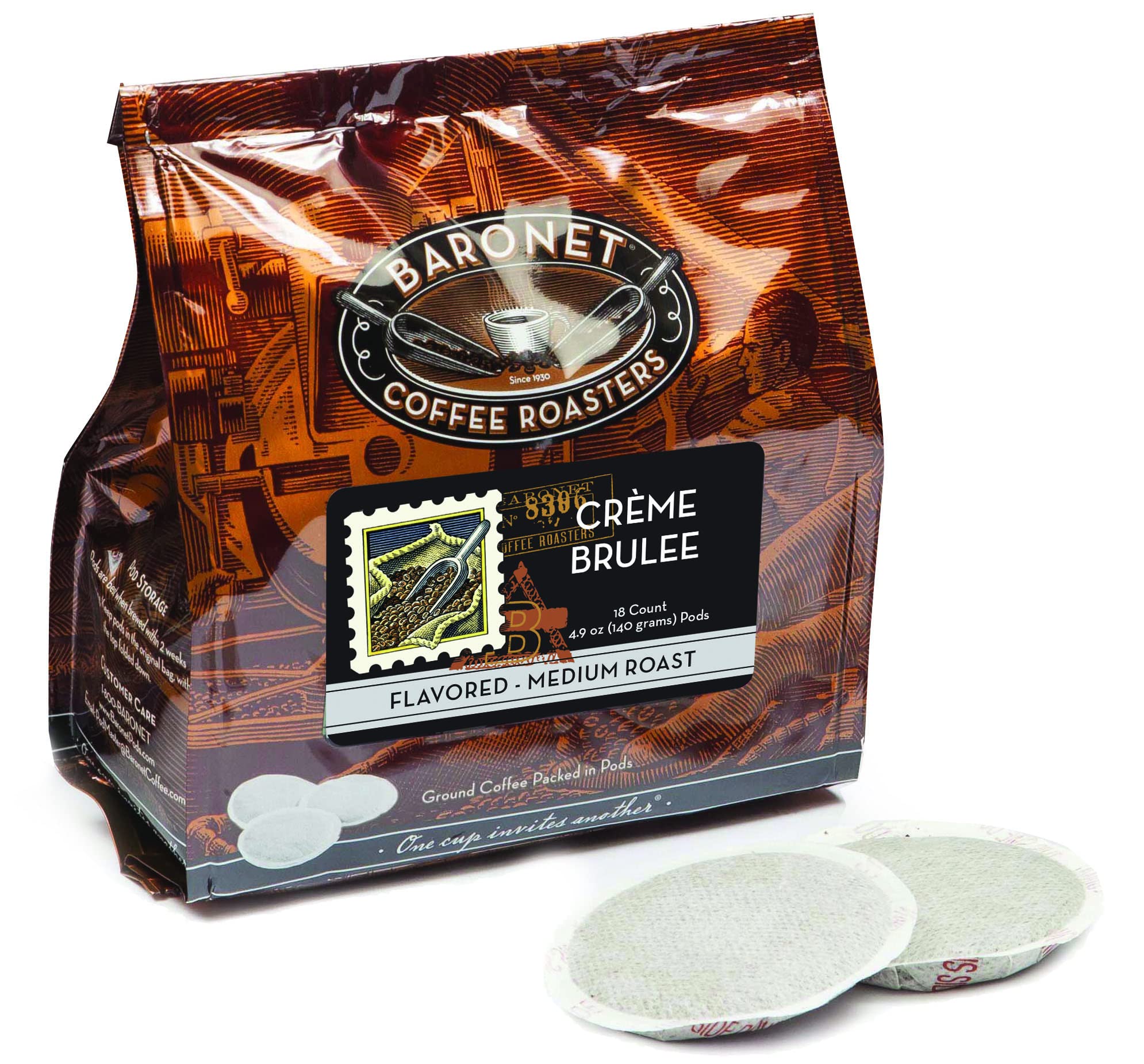 Baronet Coffee Pods [Crème Brulee Flavored-54 Pods] Single Cup
