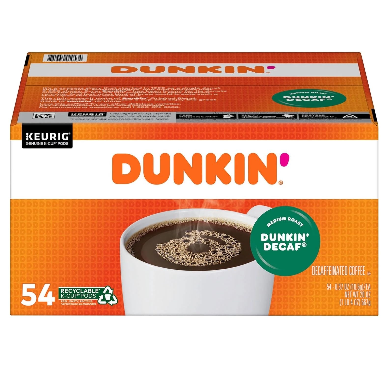 Dunkin' Donuts Original Blend Decaf K Cup Pods, 54 ct.