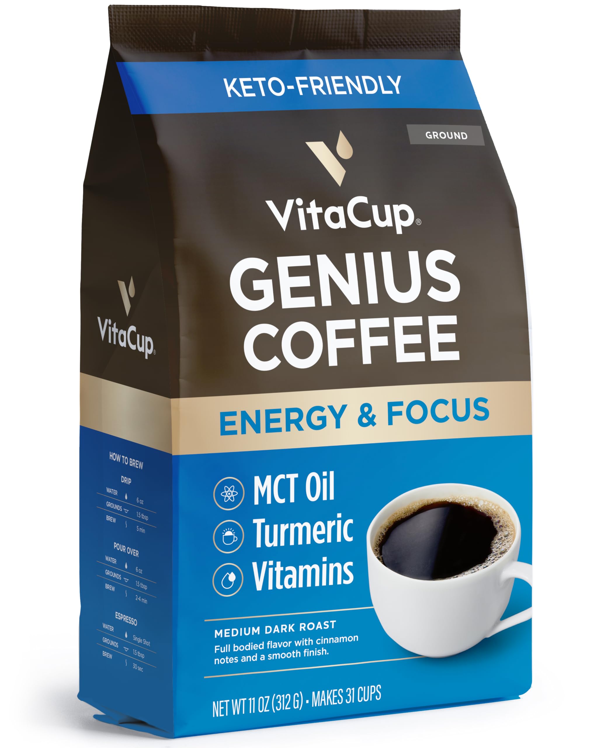 VitaCup Genius Ground Keto Coffee w/Turmeric, MCT Oil